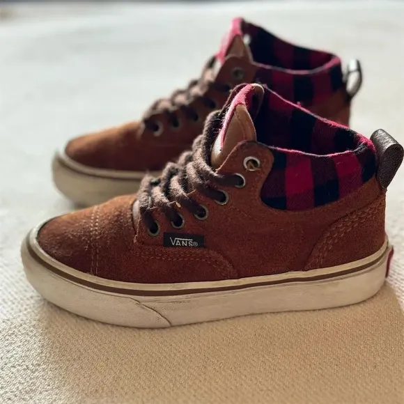 Vans Kids Sz 12.5 Brown Suede Buffalo Plaid High-Top Skate Shoes