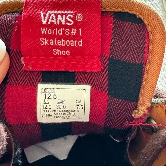 Vans Kids Sz 12.5 Brown Suede Buffalo Plaid High-Top Skate Shoes