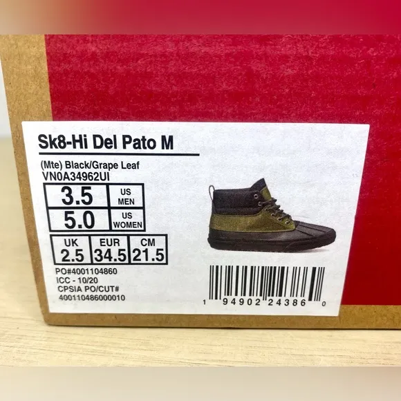 Vans Sk8-Hi Del Pato MTE Black Size 3.5 VN0A34962UI Waterproof Rain Boots