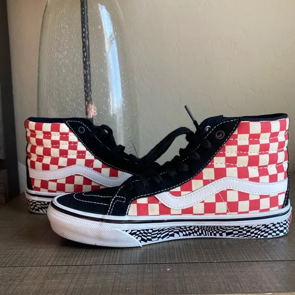 Vans Skate Sk8-Hi Reis Grosso 84 Black Red Checkerboard Shoes Men's Size 8
