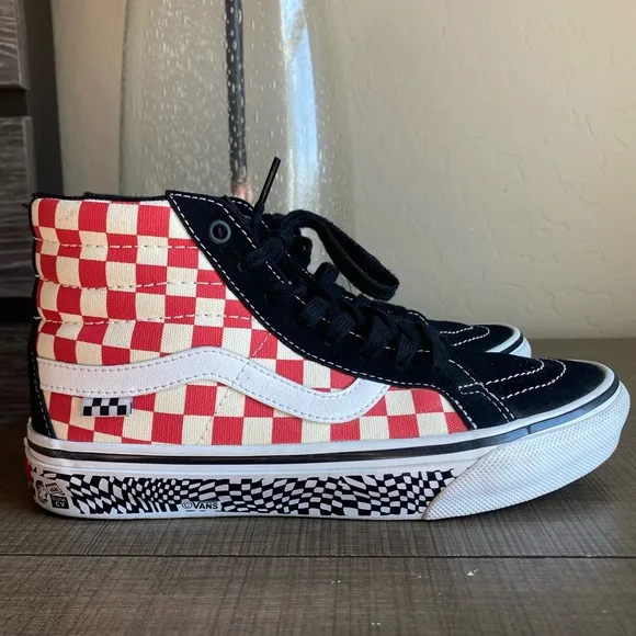 Vans Skate Sk8-Hi Reis Grosso 84 Black Red Checkerboard Shoes Men's Size 8