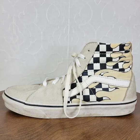 Vans Unisex Sk8 Hi Mens Skate Shoes 8 Cream Suede Checker Flame Classic Sneaker