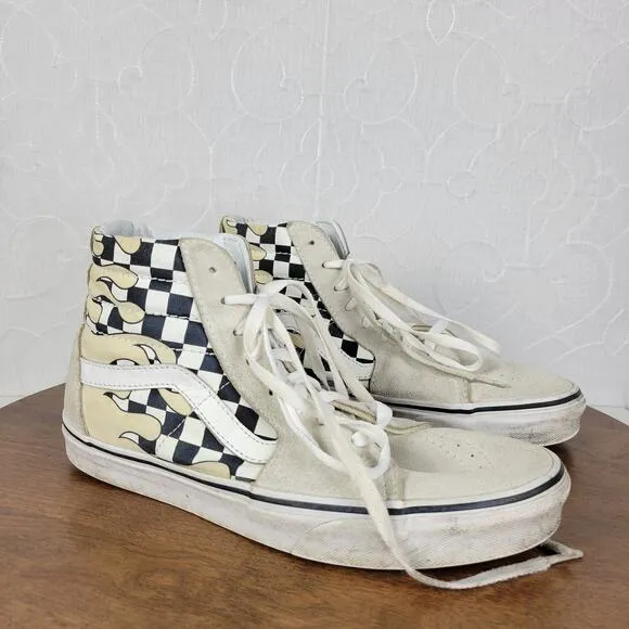 Vans Unisex Sk8 Hi Mens Skate Shoes 8 Cream Suede Checker Flame Classic Sneaker