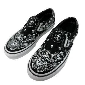 Vans Youth Size 3.5 Bandana Skull Slip On Shoes Black white Skater New