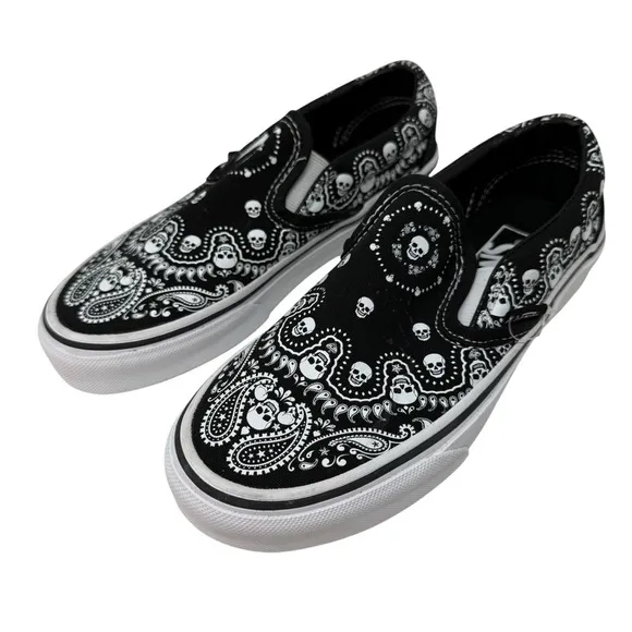 Vans Youth Size 3.5 Bandana Skull Slip On Shoes Black white Skater New