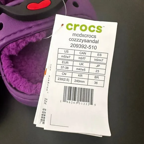 Verified New McDonald's X Crocs Grimace Cozzzy Sandal Men Sz5 Wmn Sz7 Fast Ship