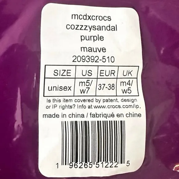 Verified New McDonald's X Crocs Grimace Cozzzy Sandal Men Sz5 Wmn Sz7 Fast Ship