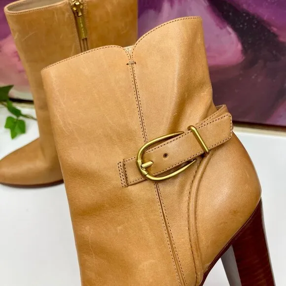 Veronica Beard Viv Booties Natural Leather Upper Ankle Heeled Buckle Boots 9.5