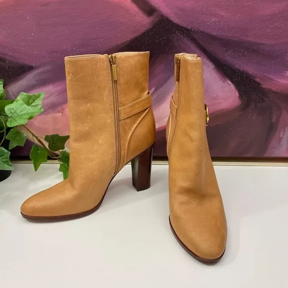 Veronica Beard Viv Booties Natural Leather Upper Ankle Heeled Buckle Boots 9.5