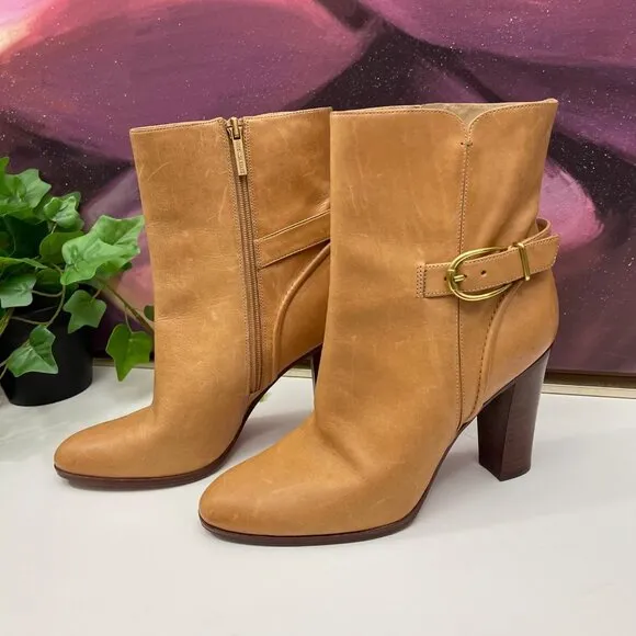 Veronica Beard Viv Booties Natural Leather Upper Ankle Heeled Buckle Boots 9.5