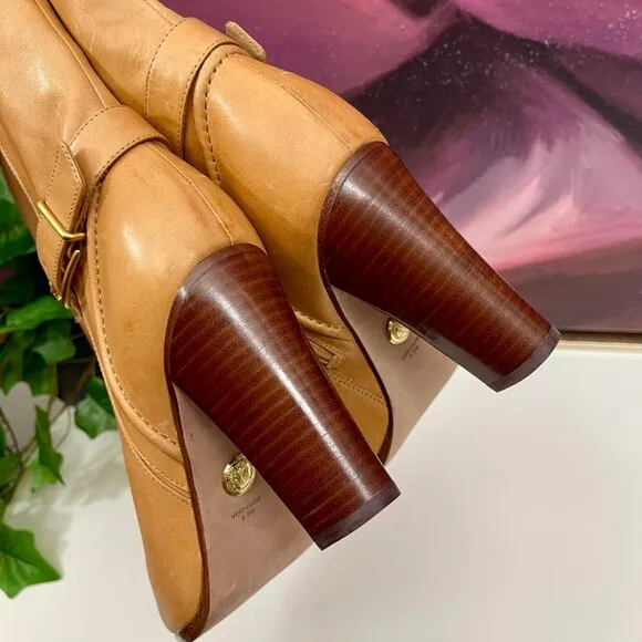 Veronica Beard Viv Booties Natural Leather Upper Ankle Heeled Buckle Boots 9.5