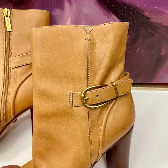 Veronica Beard Viv Booties Natural Leather Upper Ankle Heeled Buckle Boots 9.5