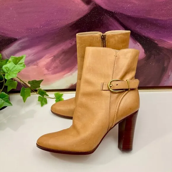 Veronica Beard Viv Booties Natural Leather Upper Ankle Heeled Buckle Boots 9.5