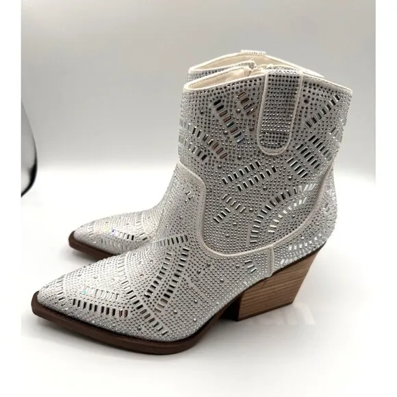 VeryG  Rhinestone Western Ankle Boots Pointed Toe Block Heel Zipper Size 8.5