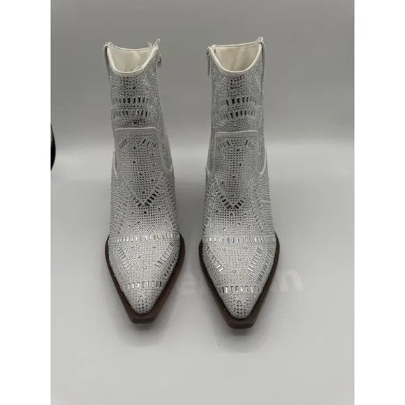 VeryG  Rhinestone Western Ankle Boots Pointed Toe Block Heel Zipper Size 8.5
