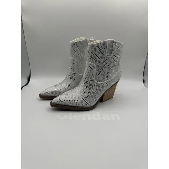 VeryG  Rhinestone Western Ankle Boots Pointed Toe Block Heel Zipper Size 8.5