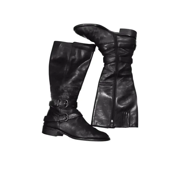Via Spiga Black Leather/Lining Buckle Tall Boots Shoes 10.5M