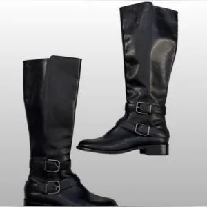 Via Spiga Black Leather/Lining Buckle Tall Boots Shoes 10.5M