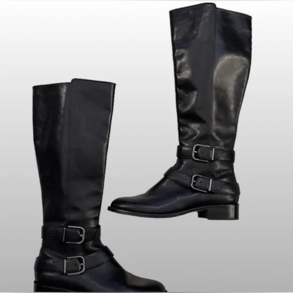 Via Spiga Black Leather/Lining Buckle Tall Boots Shoes 10.5M