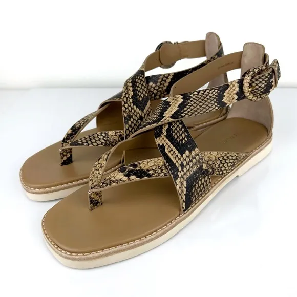 Vince Women's Morris Snakeskin Embossed Leather Thong Sandals Tan Size 9