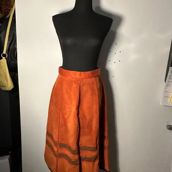 Vintage 1970s Burnt Orange Suede A-Line Skirt with Unique Stitch Detailing