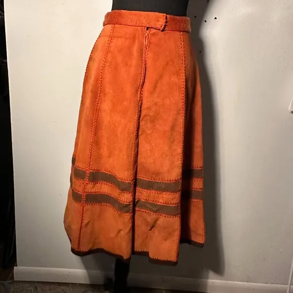 Vintage 1970s Burnt Orange Suede A-Line Skirt with Unique Stitch Detailing