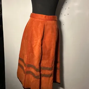 Vintage 1970s Burnt Orange Suede A-Line Skirt with Unique Stitch Detailing