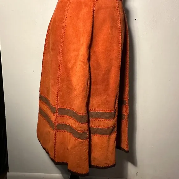 Vintage 1970s Burnt Orange Suede A-Line Skirt with Unique Stitch Detailing