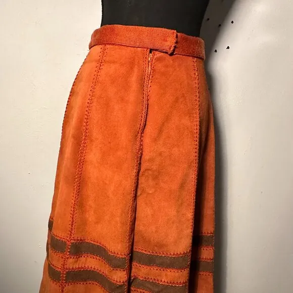 Vintage 1970s Burnt Orange Suede A-Line Skirt with Unique Stitch Detailing