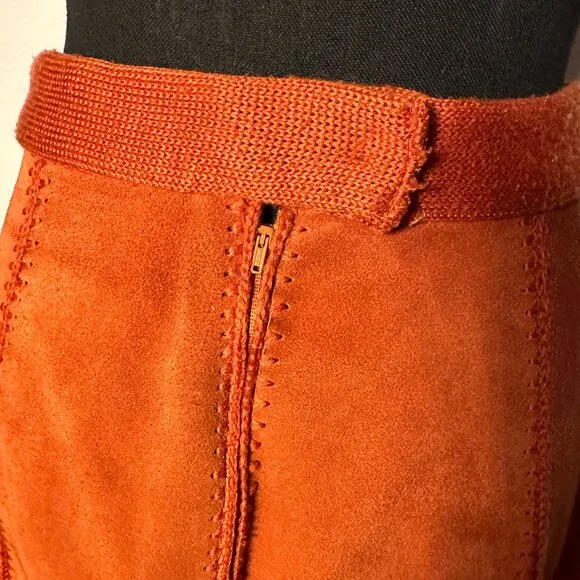 Vintage 1970s Burnt Orange Suede A-Line Skirt with Unique Stitch Detailing