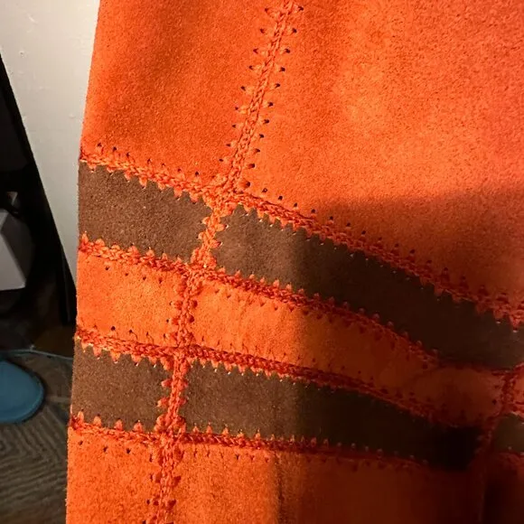 Vintage 1970s Burnt Orange Suede A-Line Skirt with Unique Stitch Detailing