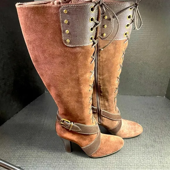 Vintage BNWOB Cole Haan Tall Chocolate Suede lace and zip up SEXY boots 6M $firm