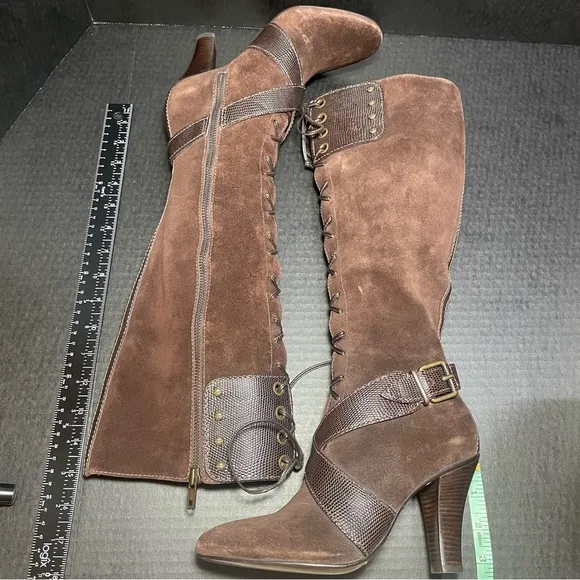 Vintage BNWOB Cole Haan Tall Chocolate Suede lace and zip up SEXY boots 6M $firm