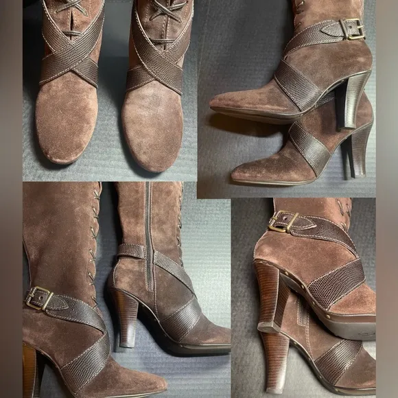 Vintage BNWOB Cole Haan Tall Chocolate Suede lace and zip up SEXY boots 6M $firm