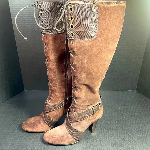 Vintage BNWOB Cole Haan Tall Chocolate Suede lace and zip up SEXY boots 6M $firm