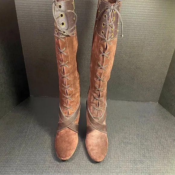 Vintage BNWOB Cole Haan Tall Chocolate Suede lace and zip up SEXY boots 6M $firm