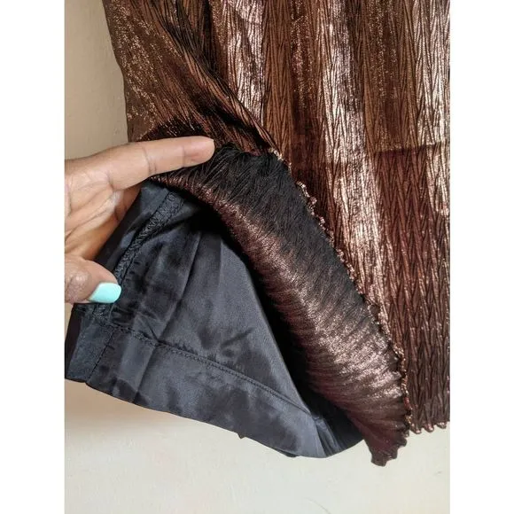 Vintage Evan Picone Metallic Pleated Crinkle Midi Skirt Brown Size 4