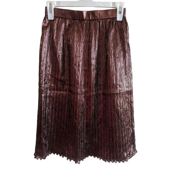 Vintage Evan Picone Metallic Pleated Crinkle Midi Skirt Brown Size 4
