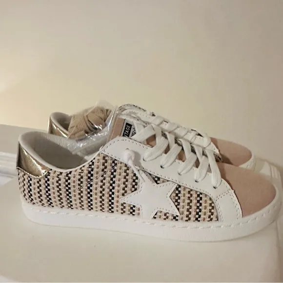Vintage Havana Tweed Tan and‎ Gold Carla Star Sneakers New
