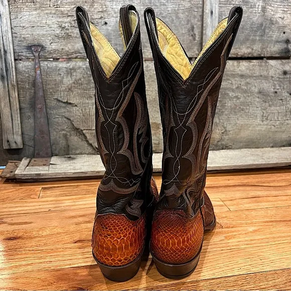 Vintage Justin Python Boots 10B Exotic Snakeskin Brown Black