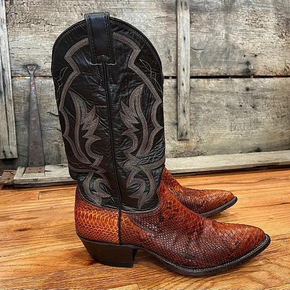 Vintage Justin Python Boots 10B Exotic Snakeskin Brown Black
