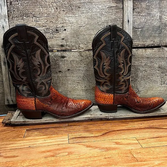 Vintage Justin Python Boots 10B Exotic Snakeskin Brown Black