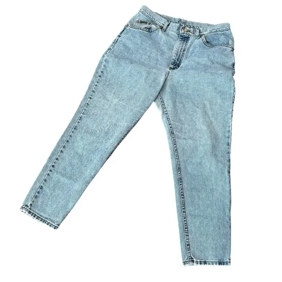 VINTAGE LEE JEANS SIZE 16 SIZE 12 PETITE LIGHT WASH DENIM HIGH WAISTED TAPER LEG