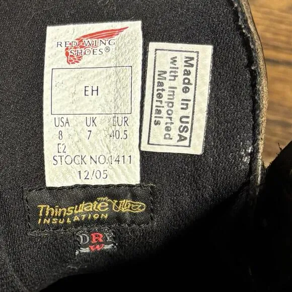 Vintage Red Wing 1411 Brown Leather 8” EH Work Boots Men’s 8 EE