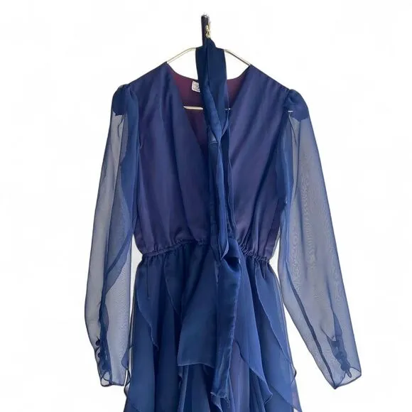 Vintage Saks Fifth Avenue Navy Chiffon Ruffle Dress Size 10