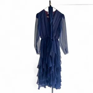 Vintage Saks Fifth Avenue Navy Chiffon Ruffle Dress Size 10