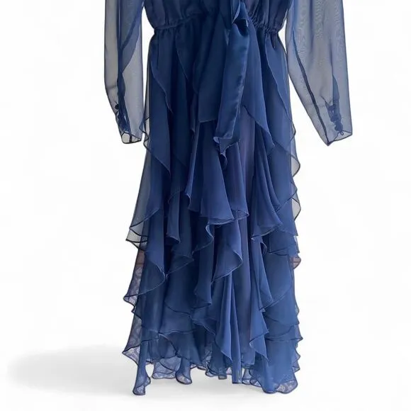Vintage Saks Fifth Avenue Navy Chiffon Ruffle Dress Size 10