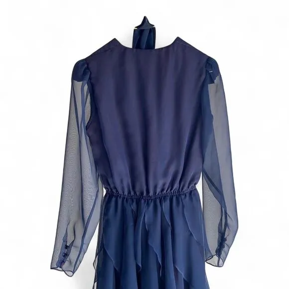 Vintage Saks Fifth Avenue Navy Chiffon Ruffle Dress Size 10