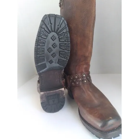 Vintage Studded Leather Motorcycle Boots, Distressed Brown,‎ Tall Riding