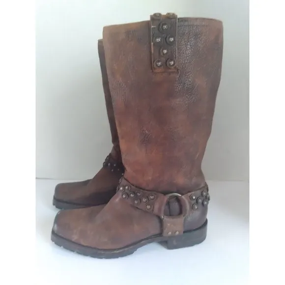 Vintage Studded Leather Motorcycle Boots, Distressed Brown,‎ Tall Riding